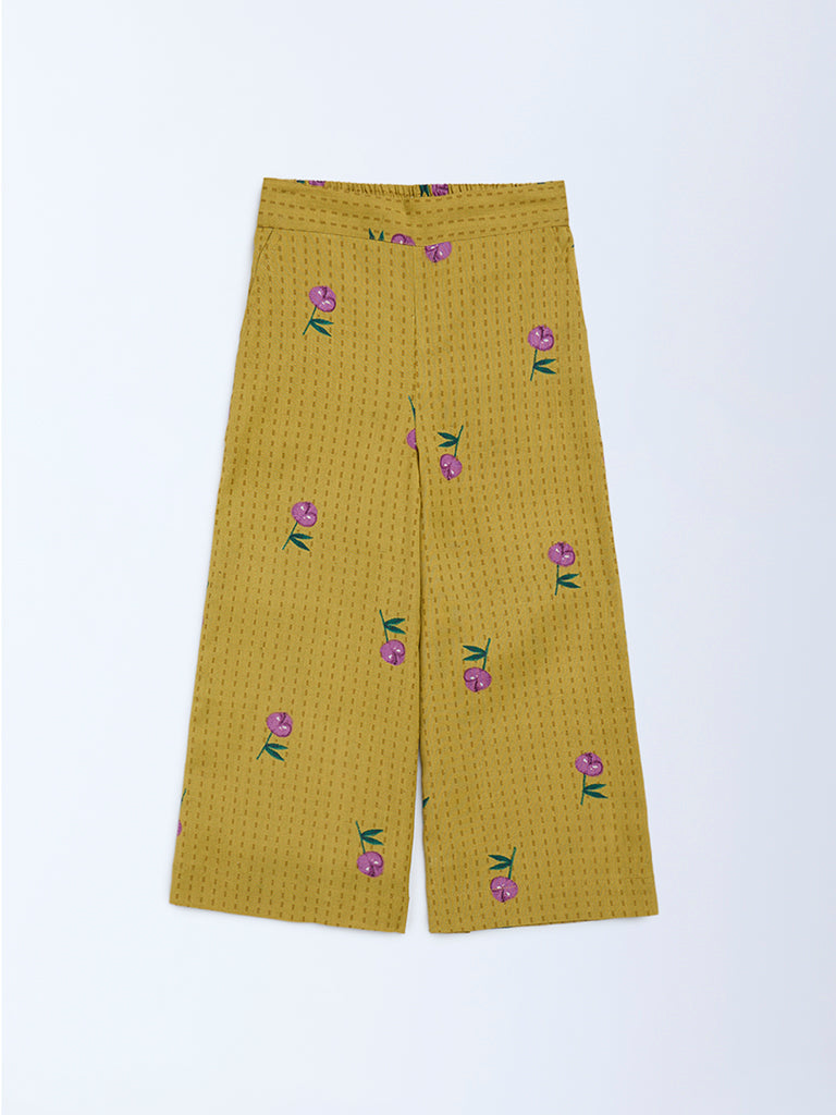 Utsa Kids Girls Mustard Floral Cotton-Blend Pants - (2 - 8yrs)