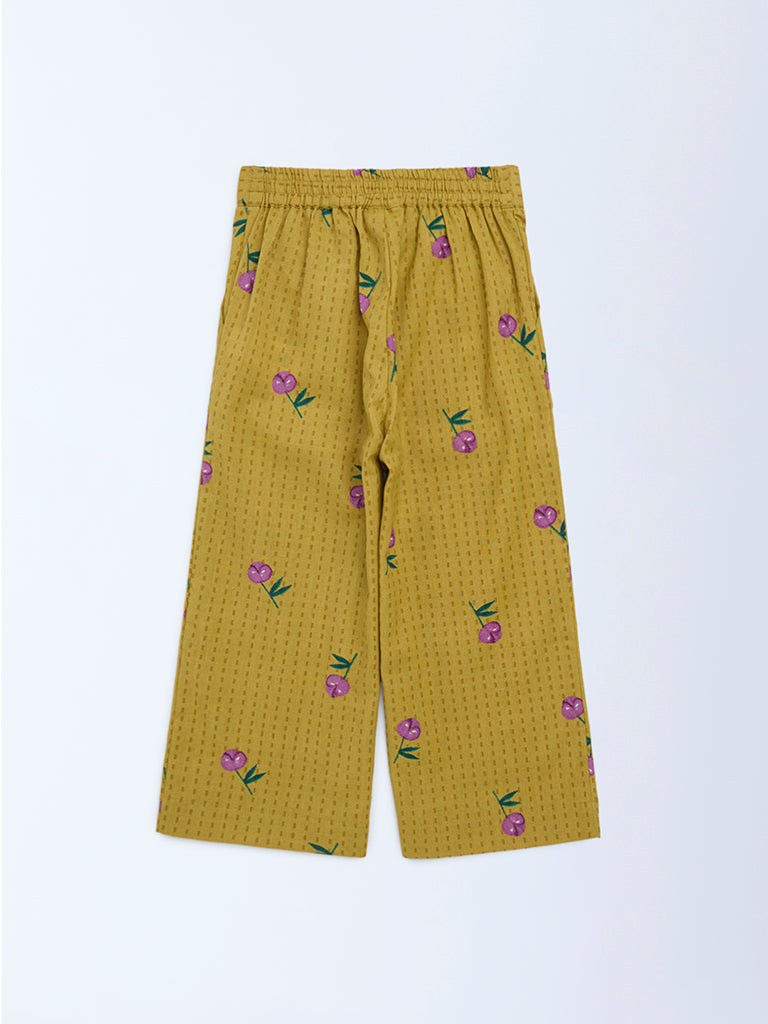 Utsa Kids Girls Mustard Floral Cotton-Blend Pants - (2 - 8yrs)