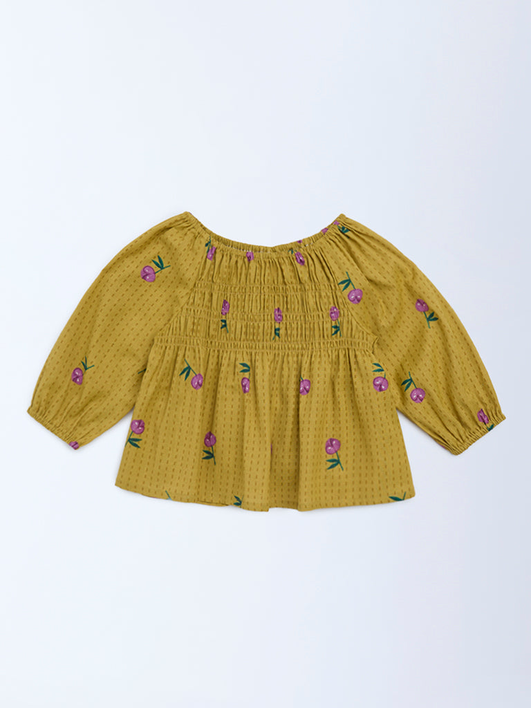 Utsa Kids Girls Mustard Floral Cotton-Blend Top - (2 - 8yrs)