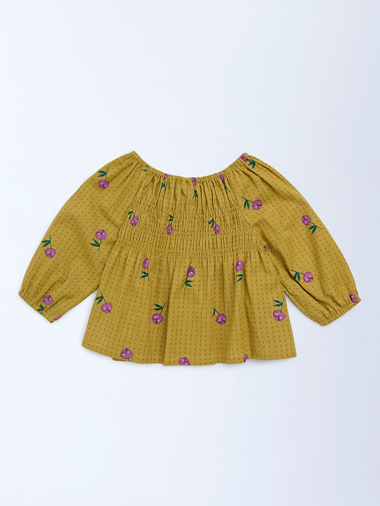 Utsa Kids Girls Mustard Floral Cotton-Blend Top - (2 - 8yrs)