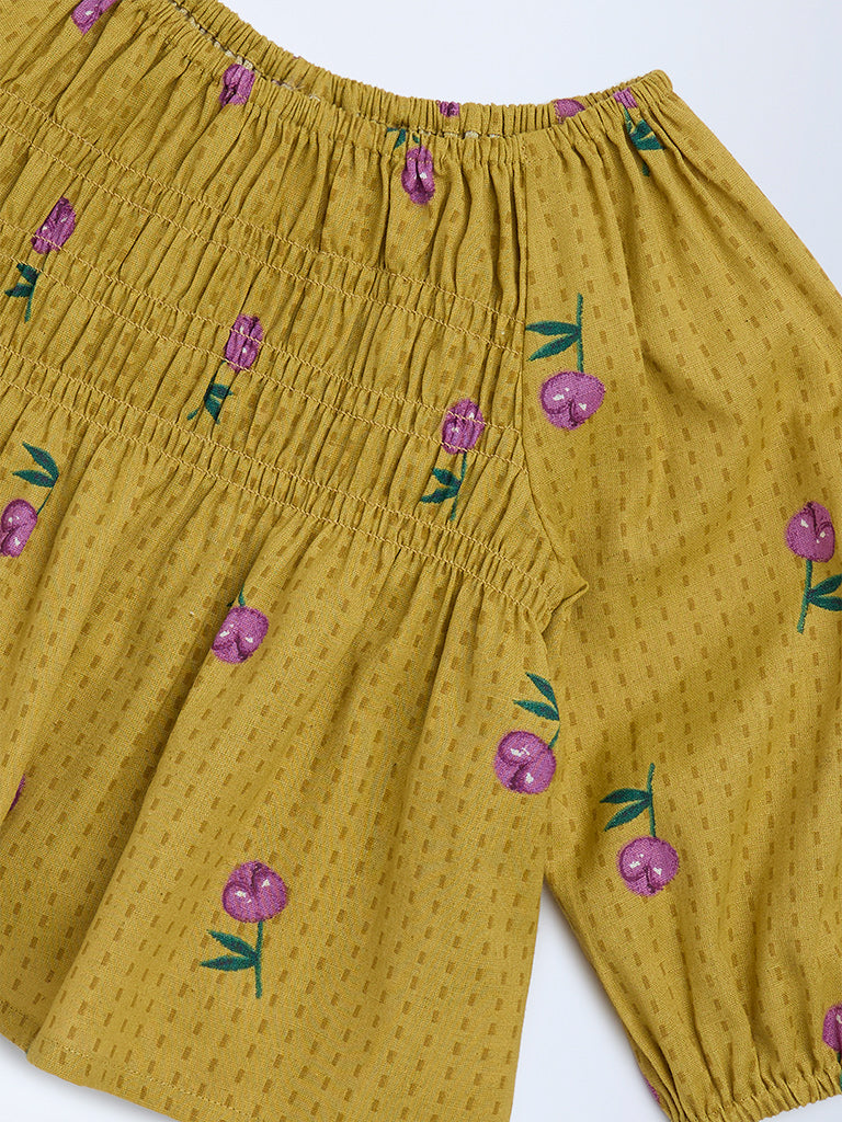 Utsa Kids Girls Mustard Floral Cotton-Blend Top - (2 - 8yrs)