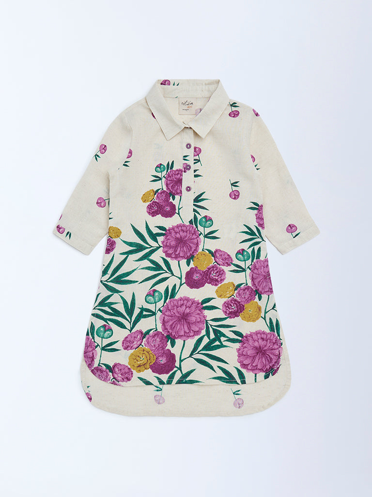 Utsa Kids Girls Off-White Floral Cotton-Blend Tunic - (2 - 8yrs)