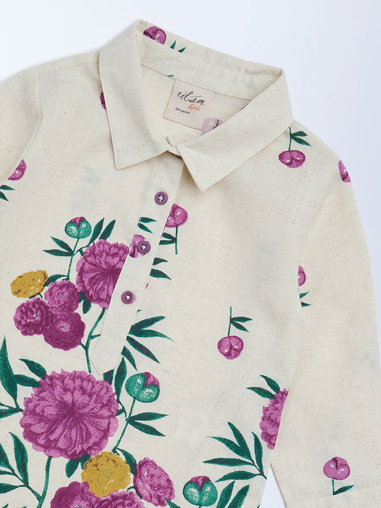 Utsa Kids Girls Off-White Floral Cotton-Blend Tunic - (2 - 8yrs)