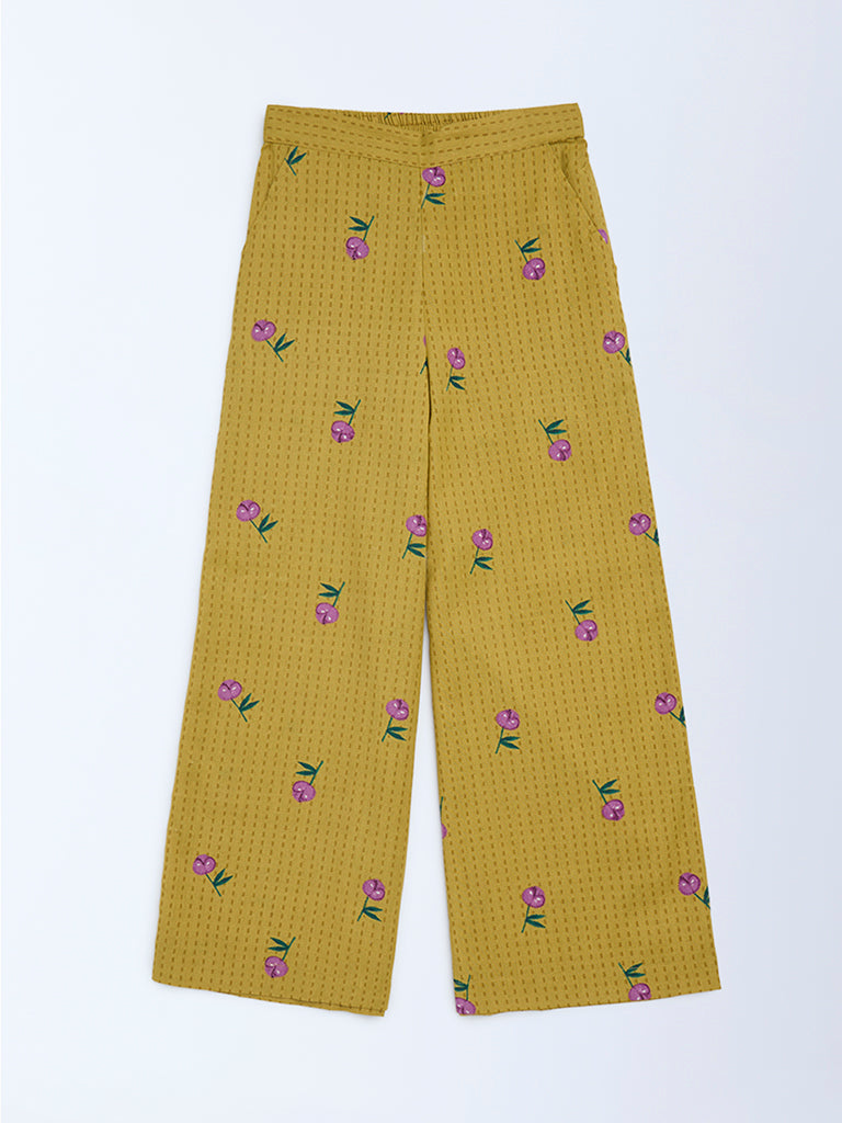 Utsa Kids Girls Mustard Floral Cotton-Blend Pants - (8 - 14yrs)