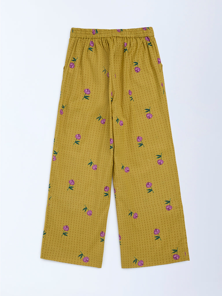 Utsa Kids Girls Mustard Floral Cotton-Blend Pants - (8 - 14yrs)