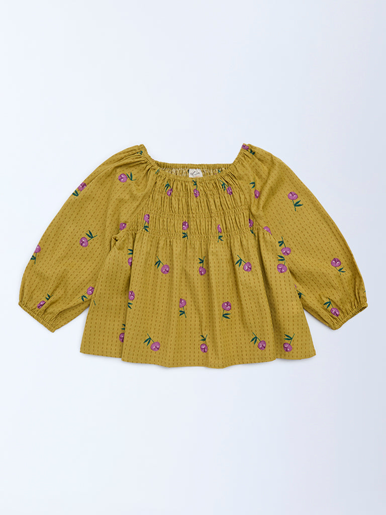 Utsa Kids Girls Mustard Floral Cotton-Blend Top - (8 - 14yrs)