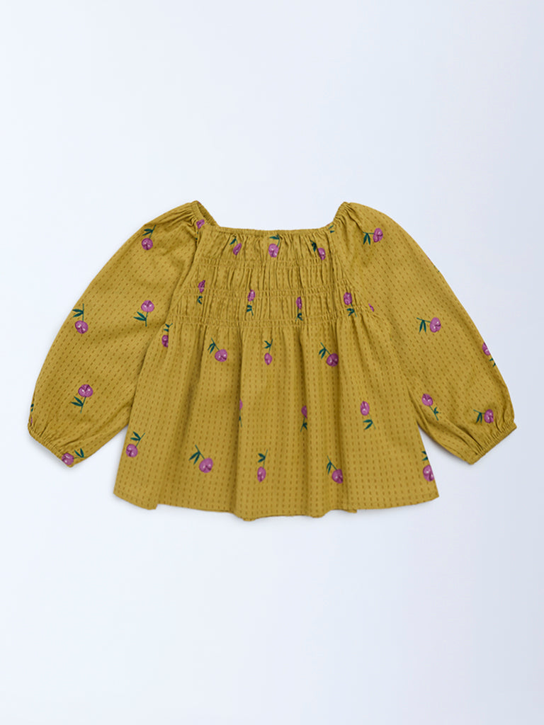 Utsa Kids Girls Mustard Floral Cotton-Blend Top - (8 - 14yrs)