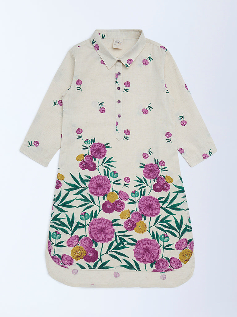 Utsa Kids Girls Off-White Floral Cotton-Blend Tunic - (8 - 14yrs)