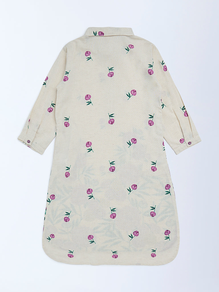 Utsa Kids Girls Off-White Floral Cotton-Blend Tunic - (8 - 14yrs)