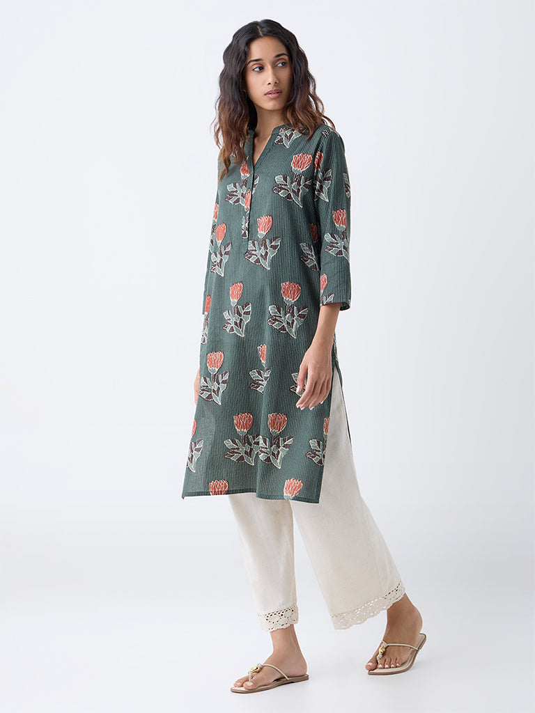 Utsa Dark Green Floral Design Cotton-Blend Straight Kurta