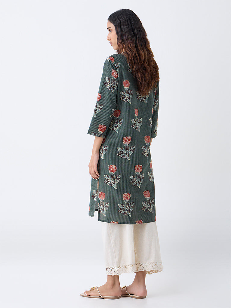 Utsa Dark Green Floral Design Cotton-Blend Straight Kurta