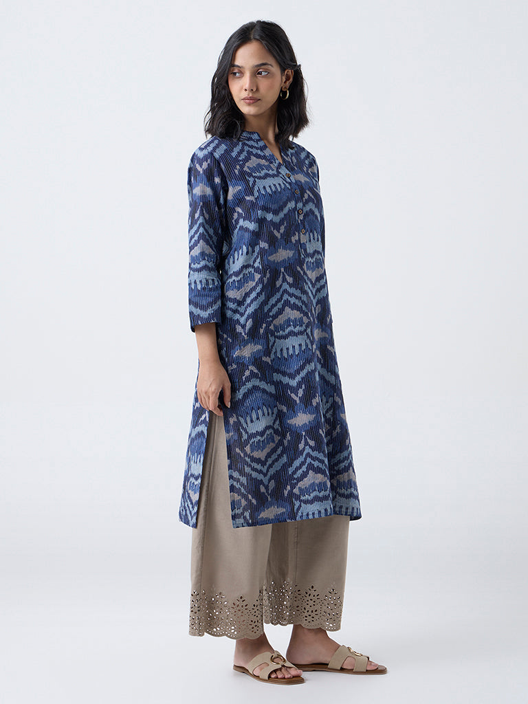 Utsa Indigo Kantha Embroidered Cotton-Blend Straight Kurta