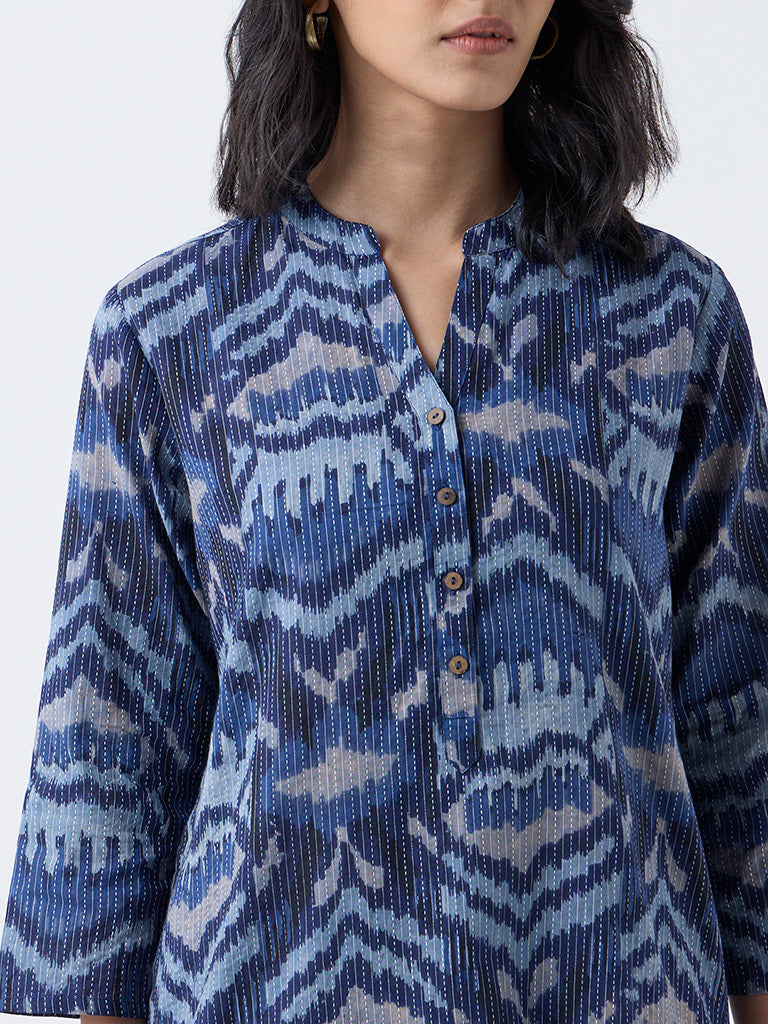 Utsa Indigo Kantha Embroidered Cotton-Blend Straight Kurta
