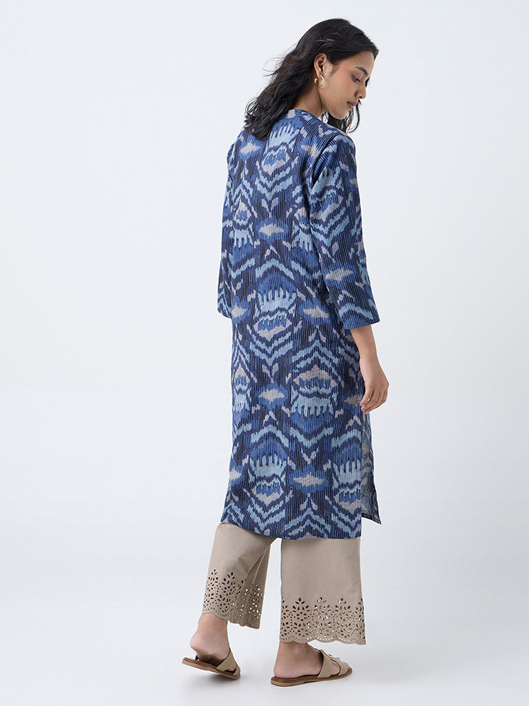 Utsa Indigo Kantha Embroidered Cotton-Blend Straight Kurta
