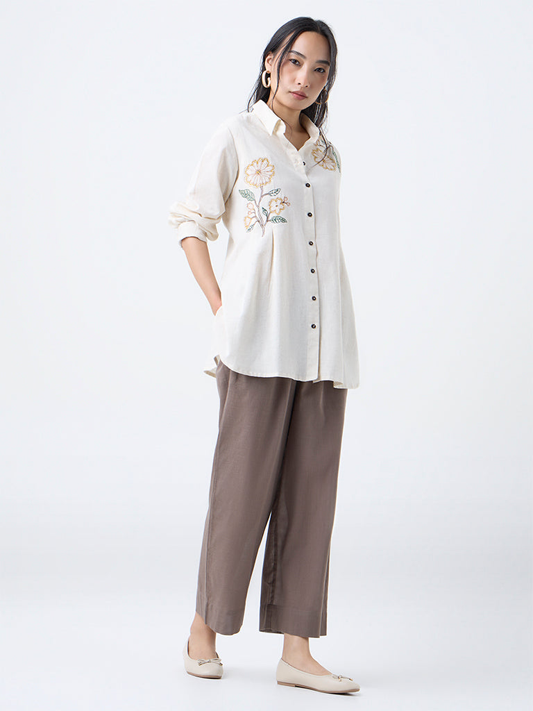 Utsa Taupe Solid Cotton Ethnic Pants