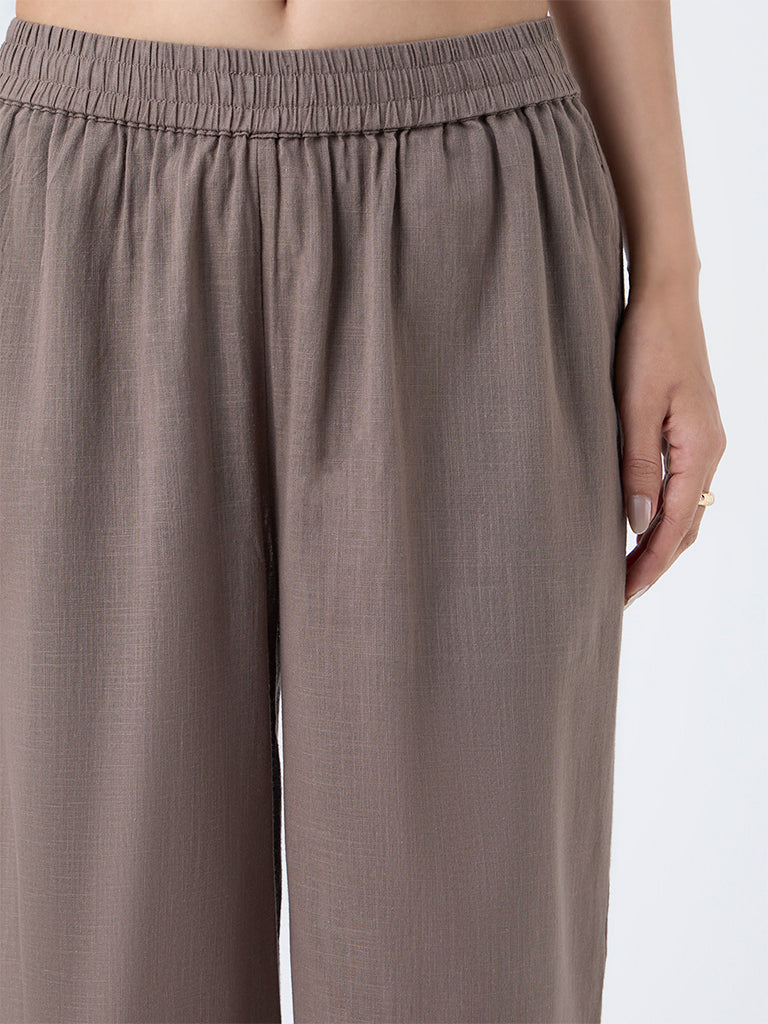 Utsa Taupe Solid Cotton Ethnic Pants