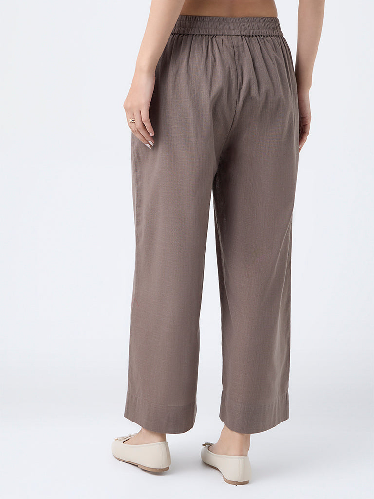 Utsa Taupe Solid Cotton Ethnic Pants