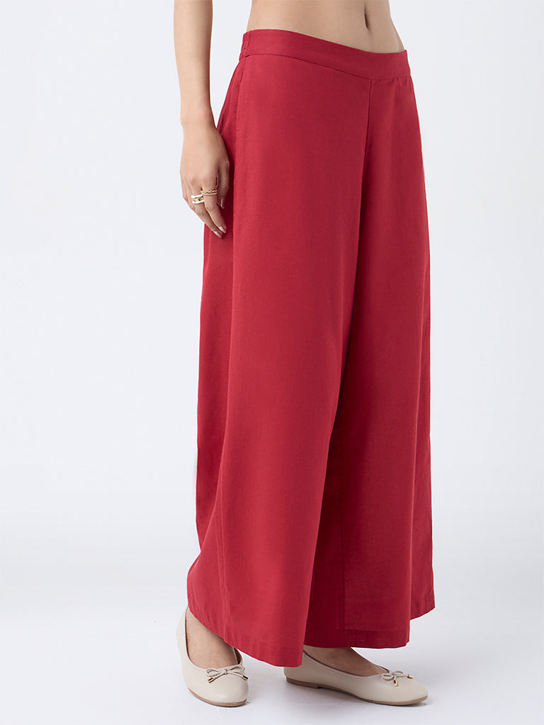 Utsa Red Solid Cotton-Blend Palazzos