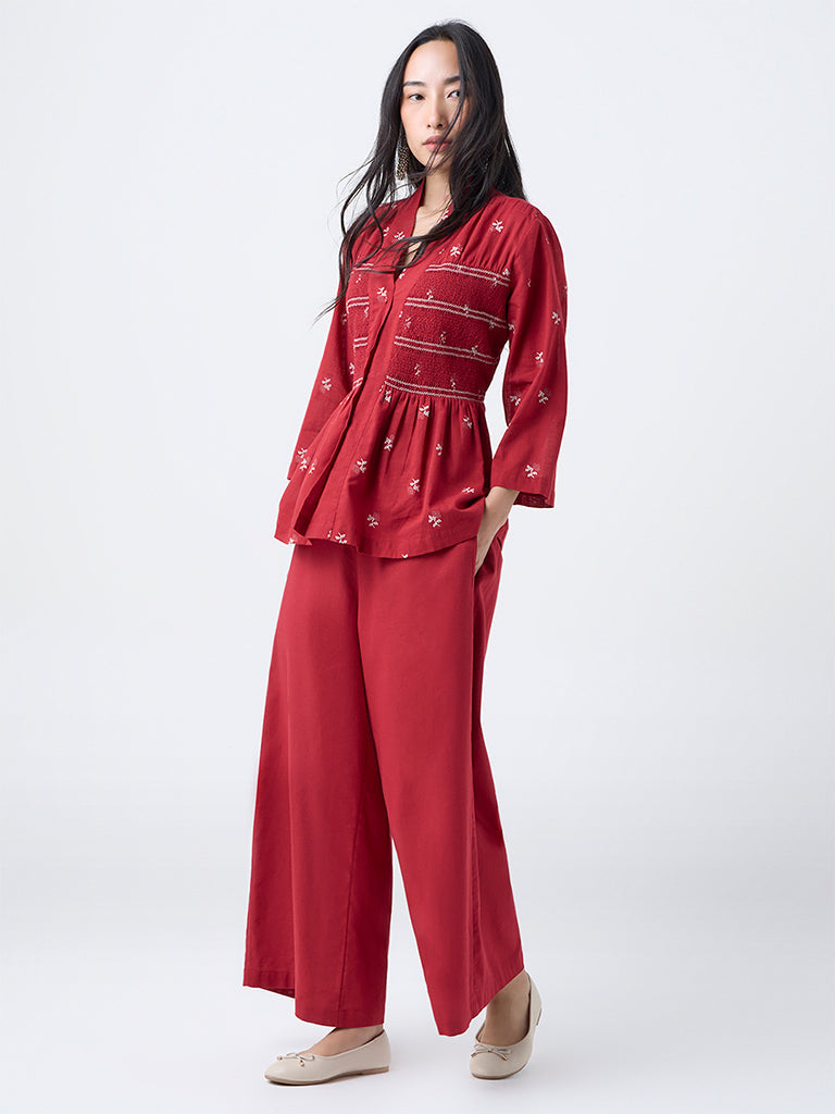 Utsa Red Solid Cotton-Blend Palazzos