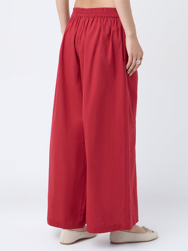 Utsa Red Solid Cotton-Blend Palazzos