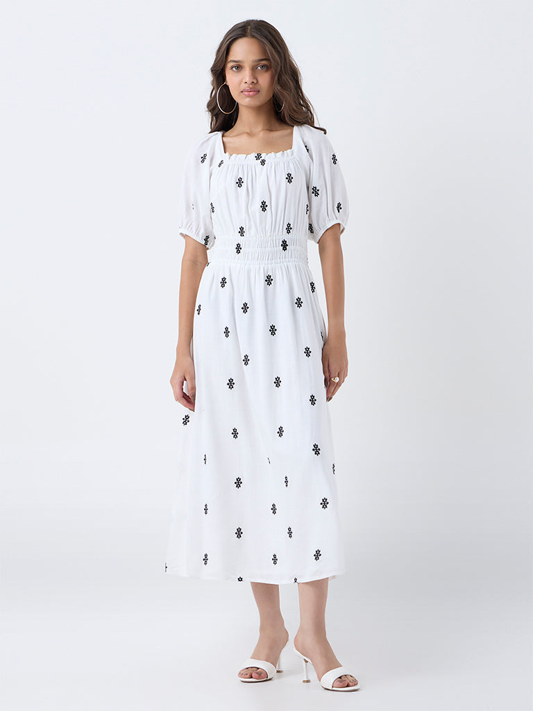 LOV White Embroidered A-Line Dress