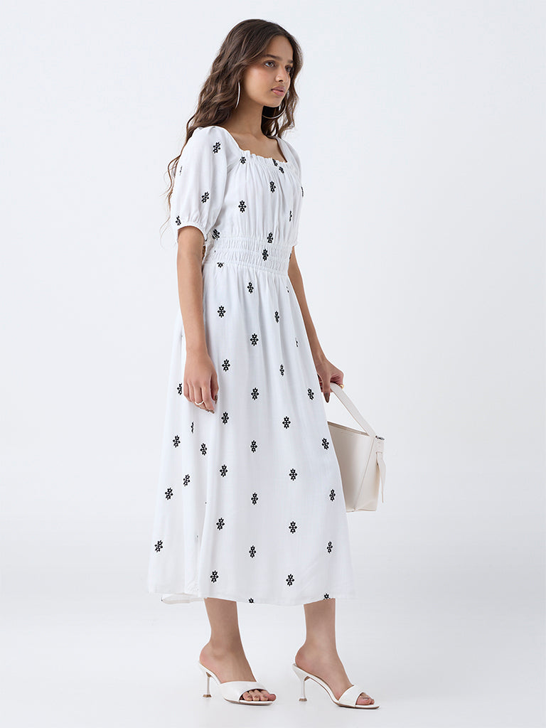 LOV White Embroidered A-Line Dress