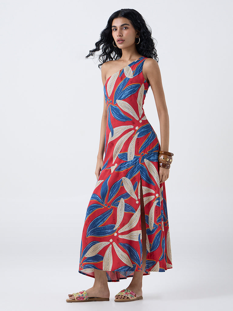 Bombay Paisley Red Foliage Pattern One-Shoulder Dress