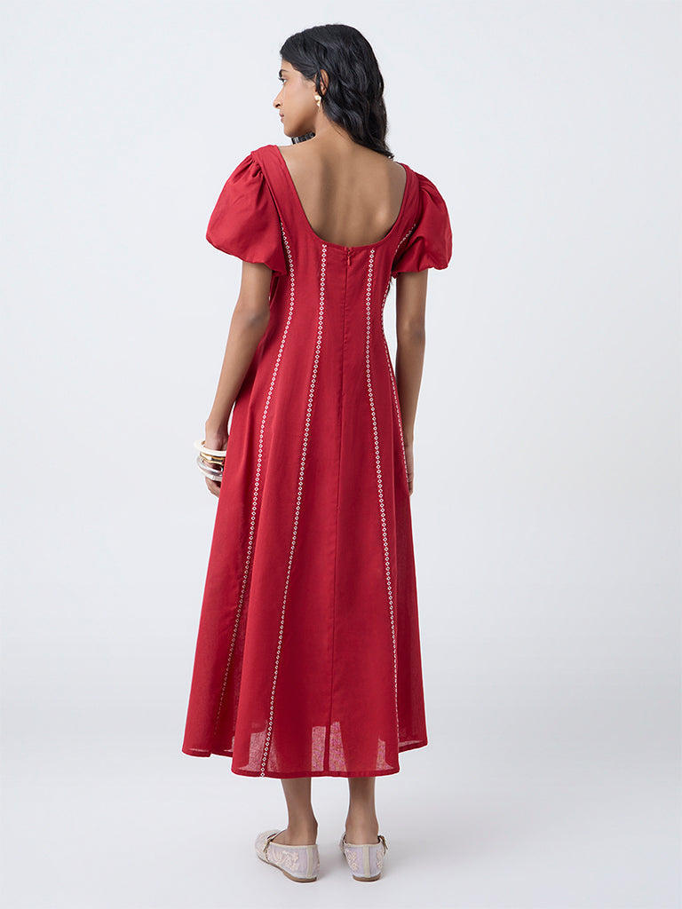 Bombay Paisley Red Striped Cotton-Blend A-Line Dress