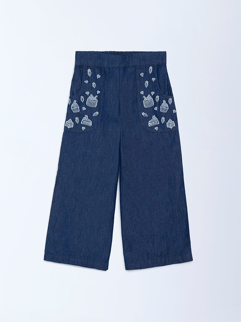 Utsa Kids Girls Navy Embroidered Denim Pants - (2-8 yrs)