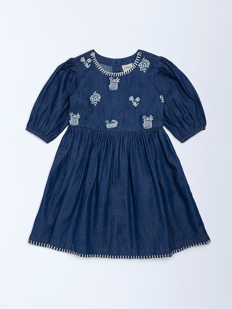 Utsa Kids Girls Navy Embroidered Fit-and-Flare Denim Dress - (2-8 yrs)