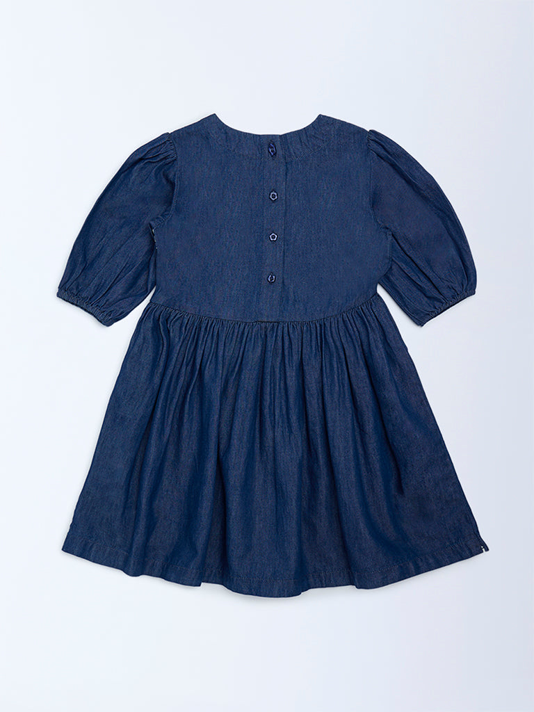 Utsa Kids Girls Navy Embroidered Fit-and-Flare Denim Dress - (2-8 yrs)