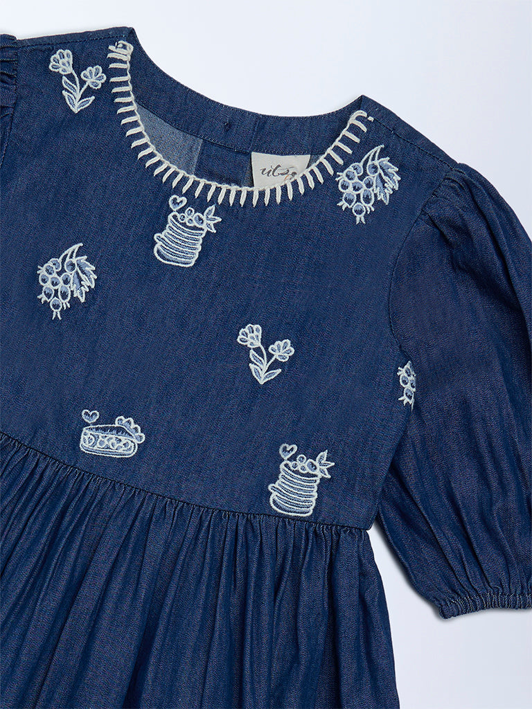 Utsa Kids Girls Navy Embroidered Fit-and-Flare Denim Dress - (2-8 yrs)
