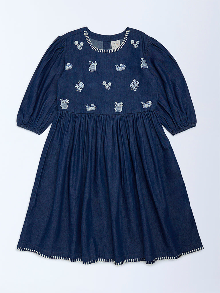 Utsa Kids Girls Navy Embroidered Fit-and-Flare Denim Dress - (8-14 yrs)