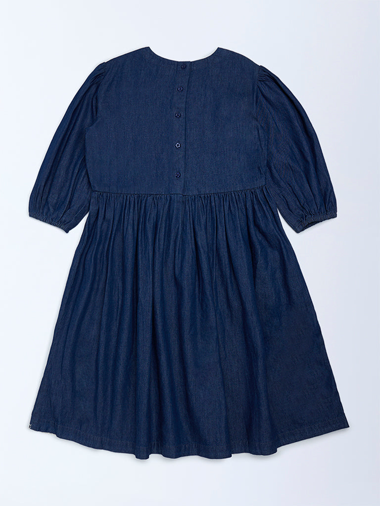 Utsa Kids Girls Navy Embroidered Fit-and-Flare Denim Dress - (8-14 yrs)