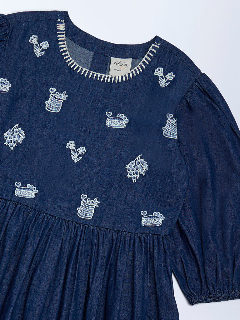 Utsa Kids Girls Navy Embroidered Fit-and-Flare Denim Dress - (8-14 yrs)
