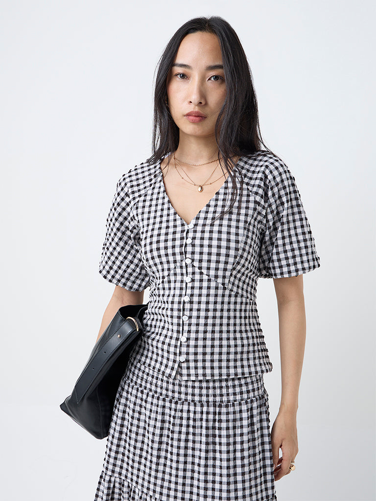 LOV Black Gingham Checkered Top