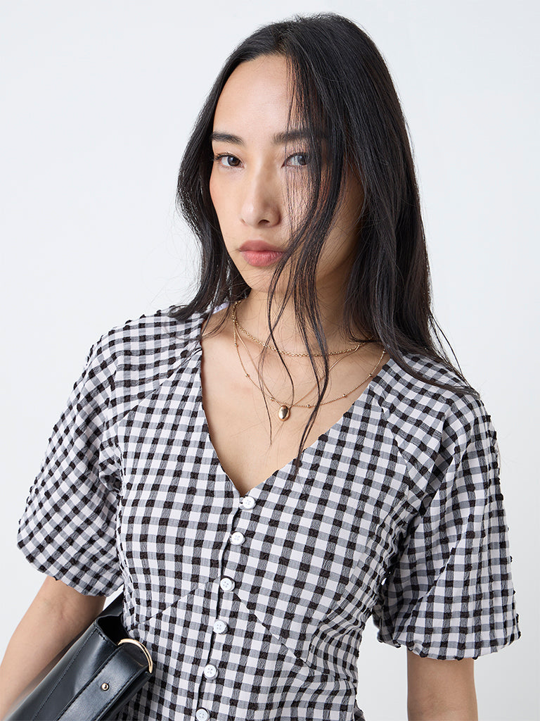 LOV Black Gingham Checkered Top