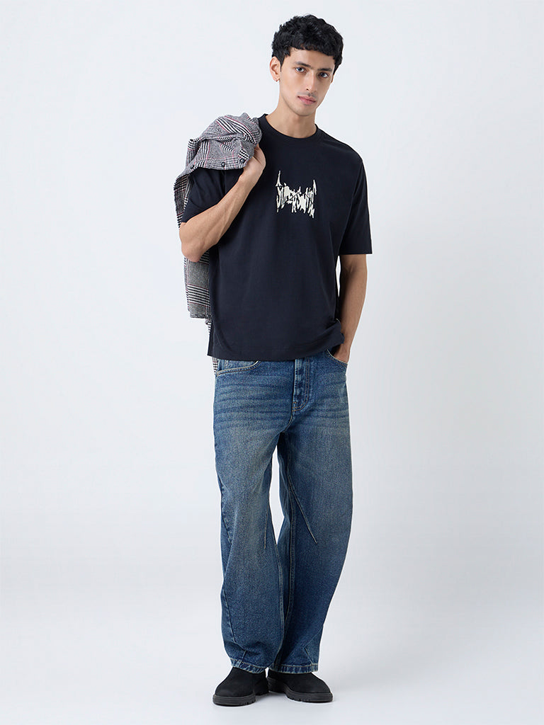 Nuon Black Printed Relaxed-Fit Cotton T-Shirt