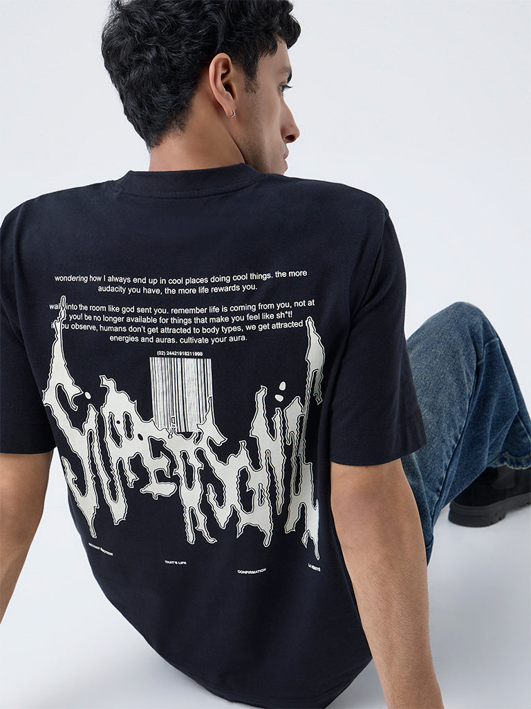 Nuon Black Printed Relaxed-Fit Cotton T-Shirt