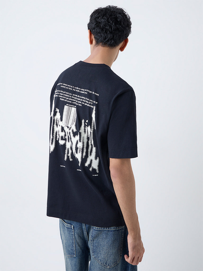Nuon Black Printed Relaxed-Fit Cotton T-Shirt