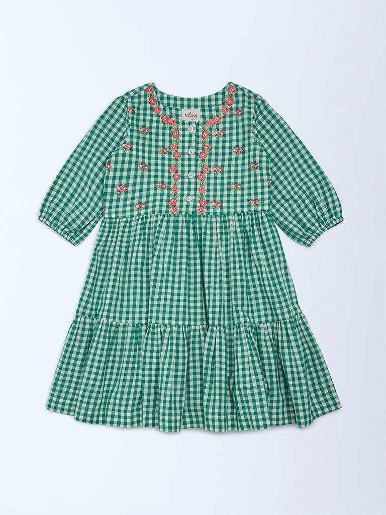 Utsa Kids Girls Green Gingham Checks Tiered Cotton Dress - (2-8 yrs)