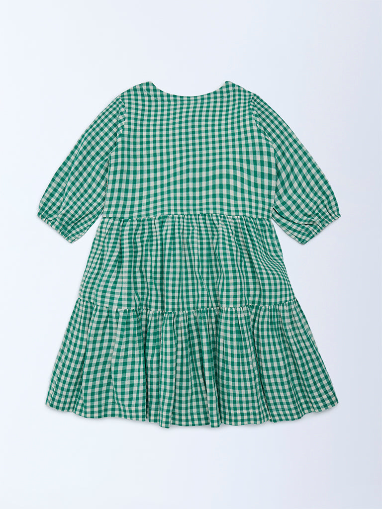 Utsa Kids Girls Green Gingham Checks Tiered Cotton Dress - (2-8 yrs)