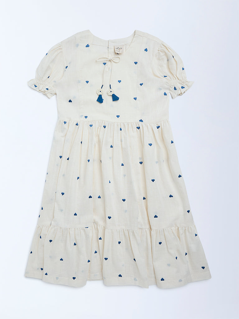Utsa Kids Girls White Heart Embroidered A-Line Cotton Dress - (8-14 yrs)