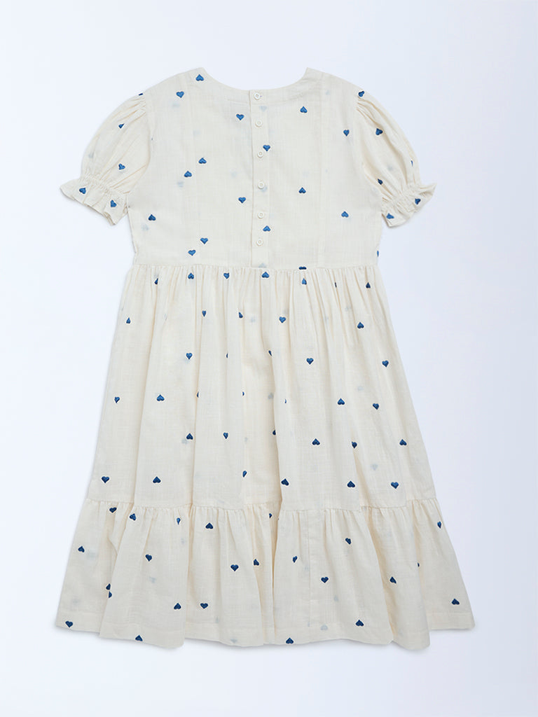 Utsa Kids Girls White Heart Embroidered A-Line Cotton Dress - (8-14 yrs)