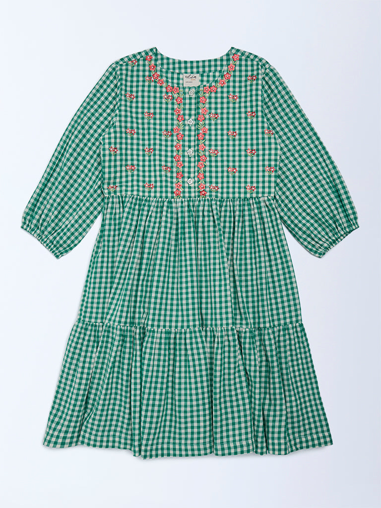 Utsa Kids Girls Green Gingham Checks Tiered Cotton Dress - (8-14 yrs)