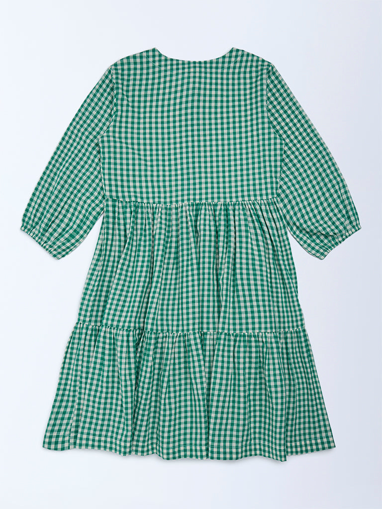 Utsa Kids Girls Green Gingham Checks Tiered Cotton Dress - (8-14 yrs)