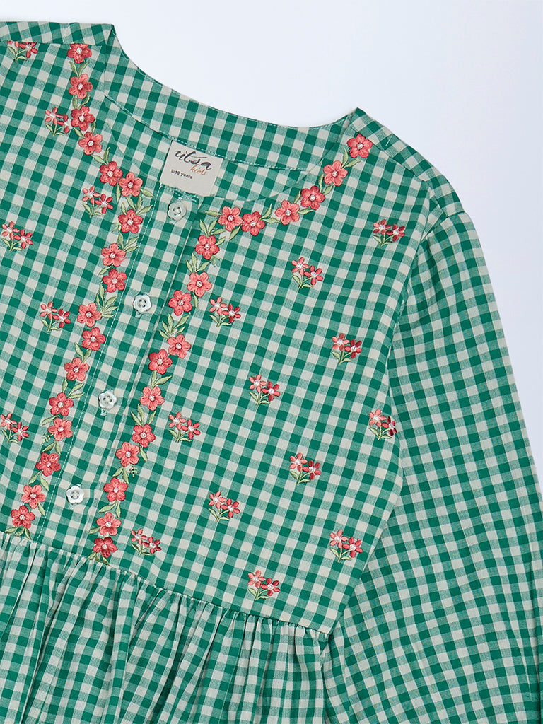 Utsa Kids Girls Green Gingham Checks Tiered Cotton Dress - (8-14 yrs)