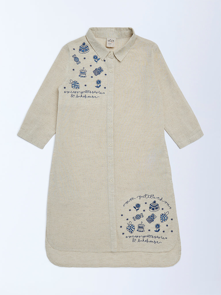 Utsa Kids Girls Beige Embroidered Cotton-Blend Tunic - (8-14 yrs)