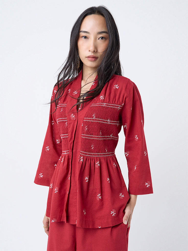 Utsa Red Embroidered Smocked Cotton Tunic