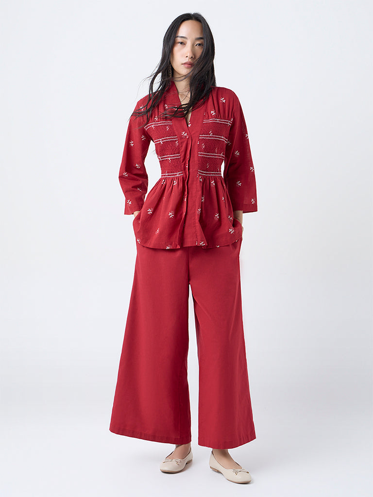 Utsa Red Embroidered Smocked Cotton Tunic